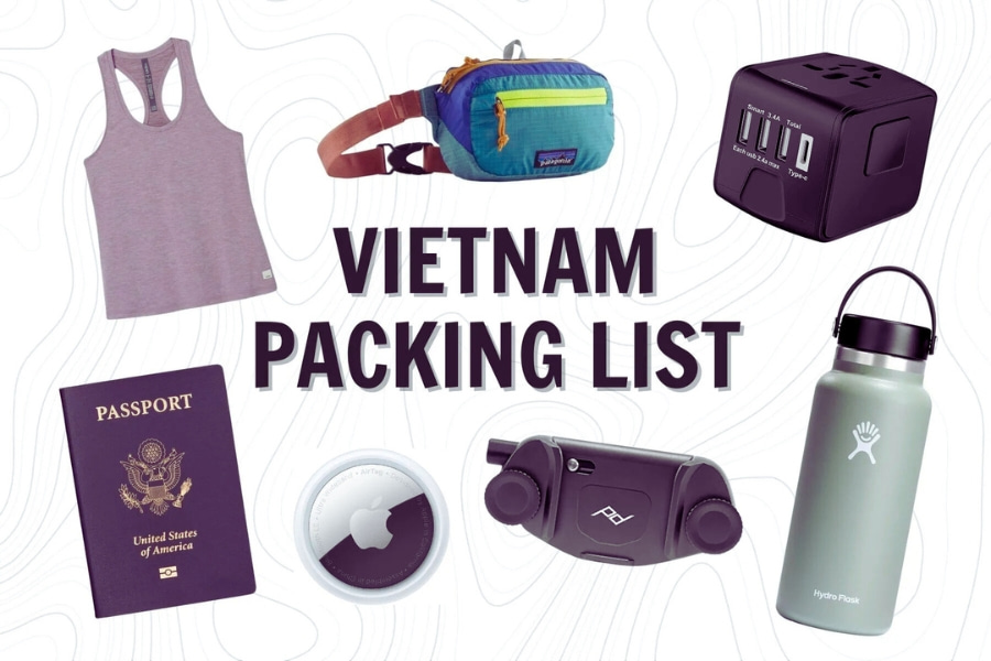 Vietnam travel packing list with passport, adapter, bottle, clothing and essentials